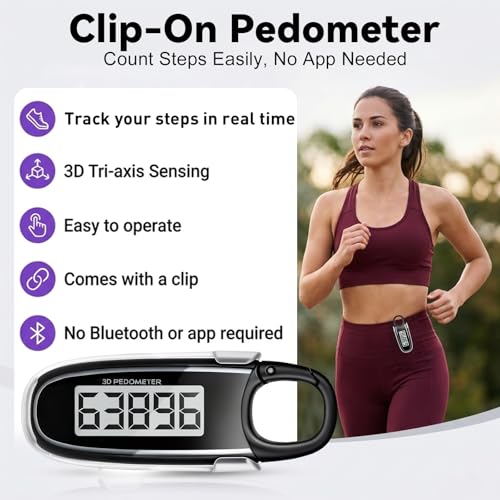 3D Pedometer for Walking, Simple Step Counter with Clip & Carabiner - color: black