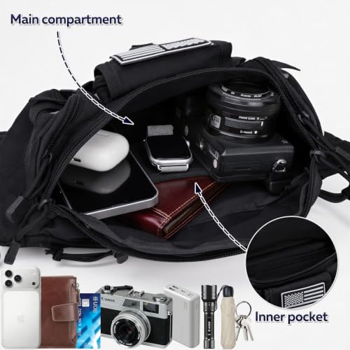 Tactical Fanny Pack for Men Women, Large Waist Packs with 5 Zipper Pockets, Adjustable Strap Hip Belt Bag for Outdoor Hiking Fishing Running Traveling, Crossbody Bumbag with Patch - Black - color: Black