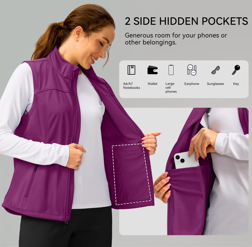 Soothfeel Women's Vest with 4 Pockets Lightweight Jacket Hiking Travel - color: Hot Pink, size: XX-Large