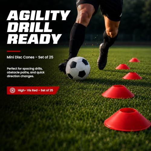 American Challenge Mini Disc Cones, Soccer Cones for Sports, Set of 25 - color: Red (25 mini cones)