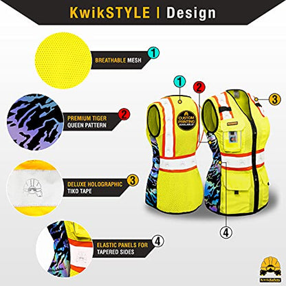KwikSafety FIRST LADY Safety Vest for Women Class 2 ANSI OSHA Hi Vis Vest - color: Yellow (Tiger Queen), size: X-Small