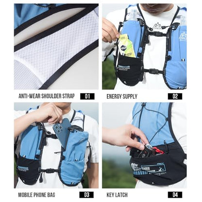 ICE FLAME Hydration Backpack Vest, 5L Multifunctional Outdoor Running Backpack fit 6.8 Inches Phone for Marathon Training, Hiking, Trail and Walking - style: Black 1.5L bladder & 2*500ml flask