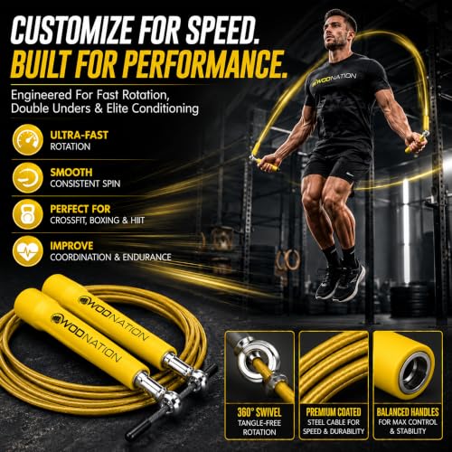 WOD Nation Adjustable Speed Jump Rope For Men, Women & Children - Blazing Fast Fitness Skipping Rope Perfect for Boxing, MMA, Endurance - color: Yellow