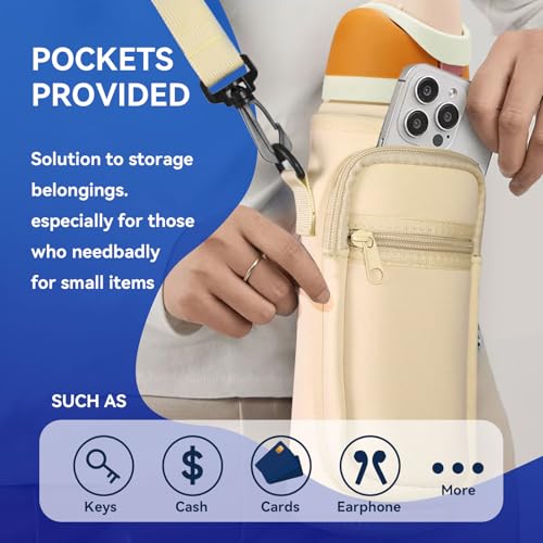 Neoprene Water Bottle Holder Bag with Cell Phone Pocket Compatible with Owala FreeSip 24 oz，Water Bottle Carrying Bag ，with Adjustable Shoulder Strap,for 24oz Stainless Steel Water Bottle - color: Cream
