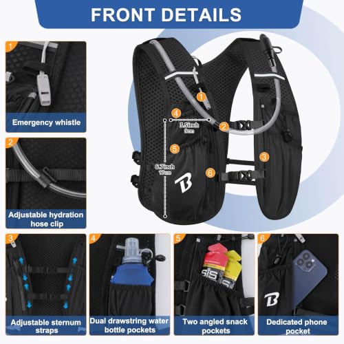 BECOJADDE Running Vest for Women Men, 5L/6L Lightweight Hydration Backpack Running Pack for Marathon, Trail, Cycling, Hiking, Jogging - color: Jet Black