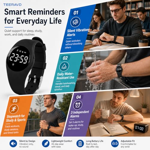 Alarm Clock for Heavy Sleepers Vibrating Wristband Silent Wake Up Watch with Fitness Tracker Step Counter Sleep Tracking Stopwatch Water Resistant Rechargeable Bracelet Adults Teens Kids - color: Blue