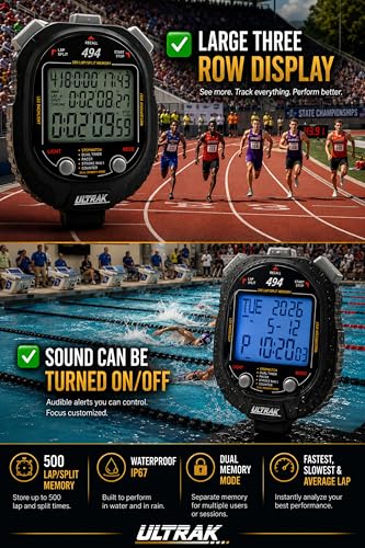 ULTRAK 494 Stopwatch - 500 Dual Split Memory, Waterproof, LED Backlight