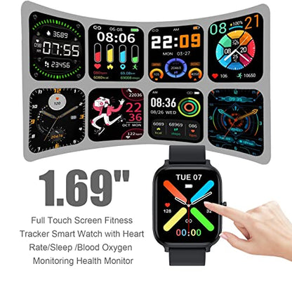 Smart Watch for Men Women Compatible with iPhone Samsung Android Phone 1.69 inch Full Touch Screen IP68 Waterproof Bluetooh Fitness Tracker Heart Rate/Sleep Monitor (Black) - color: black