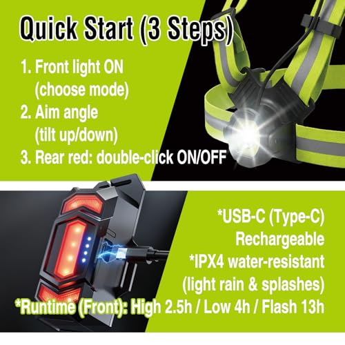 Running Light Vest for Night Safety, USB-C Rechargeable Hands-Free Chest Light, Spotlight/Floodlight, Reflective Vest Light for Runners & Dog Walking, Front White + Rear Red, IPX4