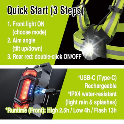 Running Light Vest for Night Safety, USB-C Rechargeable Hands-Free Chest Light, Spotlight/Floodlight, Reflective Vest Light for Runners & Dog Walking, Front White + Rear Red, IPX4