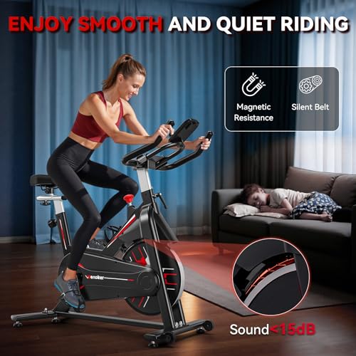 Wenoker Exercise Bike,Indoor Spin Bike with Adjustable Resistance Bluetooth Fitness App, 350 LBS Heavy Duty Frame,Smooth Quiet Belt Drive, Adjustable Handlebars & Seat with Transport Wheels - color: Red