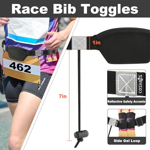 Cosmos Race Number Belt Elastic Waist Number Belt Holding Race Number Bibs for Marathon Triathlon Running, with Mini Pouch and 4 Energy Gel Holding Loops for Small Accessories, Fits 26-35 Waist Size