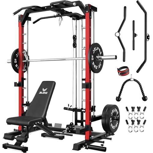 JELENS SR01 Smith Machine, 2000LBS Multi-Function Power Cage with LAT Pulldown System, All-in-One Home Gym Squat Rack with Smith Bar and Training Attachments for Full Body Workouts - color: Red, size: 140LB Black Weights Package
