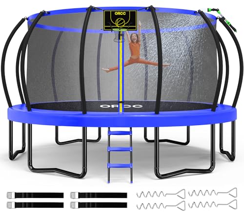 ORCC 1300LBS Weight Capacity Trampoline 16 15 12FT with Basketball Hoop Water Sprinkler Spiral Ground Stakes Outdoor Yard Trampolines for Kids Adults - size: 12FT