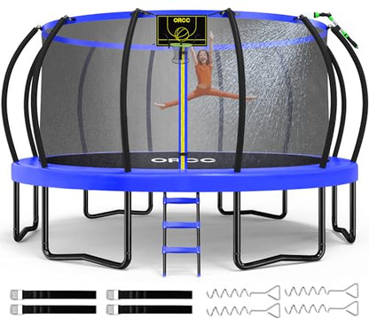 ORCC 1300LBS Weight Capacity Trampoline 16 15 12FT with Basketball Hoop Water Sprinkler Spiral Ground Stakes Outdoor Yard Trampolines for Kids Adults - size: 12FT