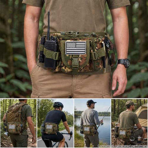 Hiking Fanny Pack Waist Bag, Portable Tactical Fanny Pack with 5 Zipper Pockets, Large Crossbody Waist Belt Hip Bag for Men Women Fishing Travel Cycling Bumbag with U.S Patch - Woodland Camo - color: Woodland Camo