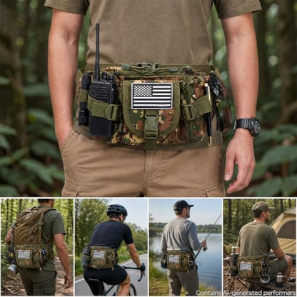 Hiking Fanny Pack Waist Bag, Portable Tactical Fanny Pack with 5 Zipper Pockets, Large Crossbody Waist Belt Hip Bag for Men Women Fishing Travel Cycling Bumbag with U.S Patch - Woodland Camo - color: Woodland Camo