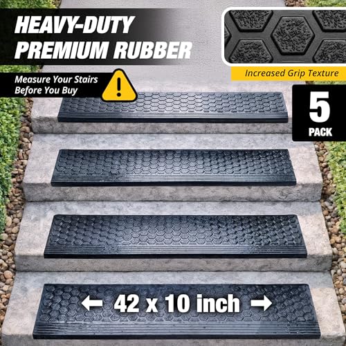 Rubber Stair Treads Outdoor 42" x 10" 5-Pack - Heavy-Duty Non-Slip Rubber - size: 42” x 10” x 5P