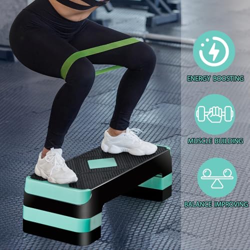 Non-Slip 27 Inch Aerobic Exercise Step Platform 4"-6"-8" Height Adjustable Risers for Home Gym Cardio Training Fitness Workout Stepper Trainer - color: Green