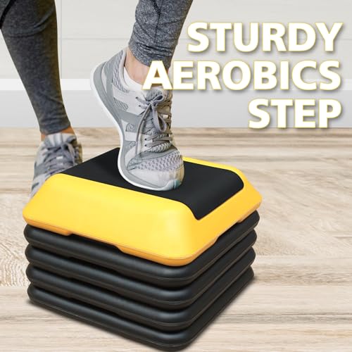 GOWE Height-Adjustable Step Aerobics Platform Fitness Equipment Stepper Trainer Exercise Step Platform with 4 Riser Yellow