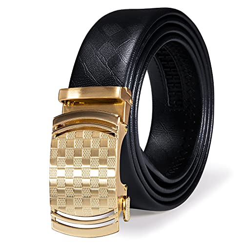Dubulle Mens Ratchet Belt Gold Click Buckle Adjustable Leather Belts - color: Gold Plaid, size: Adjustable from 44" to 53" Waist