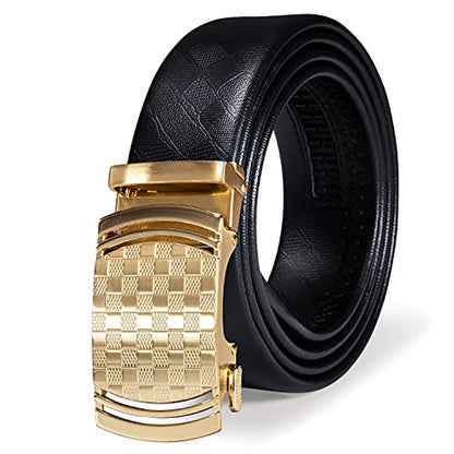 Dubulle Mens Ratchet Belt Gold Click Buckle Adjustable Leather Belts - color: Gold Plaid, size: Adjustable from 44" to 53" Waist