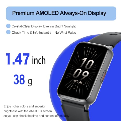 Fitness Tracker (Answer/Make Calls), Smart Watch for Women Men, with 1.47″ AMOLED Always-On Display, 24/7 Heart Rate, Sleep Tracking, 110+ Sport Modes, Waterproof, Compatible for Android Phone - color: Black