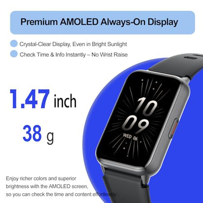 Fitness Tracker (Answer/Make Calls), Smart Watch for Women Men, with 1.47″ AMOLED Always-On Display, 24/7 Heart Rate, Sleep Tracking, 110+ Sport Modes, Waterproof, Compatible for Android Phone - color: Black