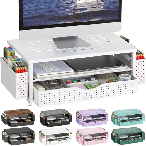 gianotter Desk Organizers and Accessories, Monitor Stand with Drawer and 2 Pen Holder, Desktop Organizer Suitable for Offices and Dormitories (White) - color: White