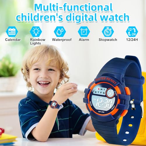DTKID Digital Kids Watch 30 M Waterproof for Girls Boys 5-16 - color: Dark blue-orange