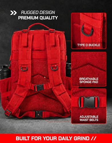 45L Tactical Gym Backpack with 2 Patch Panels, MOLLE System, Dual Bottle Holders & Clamshell Opening (RED) - color: Red