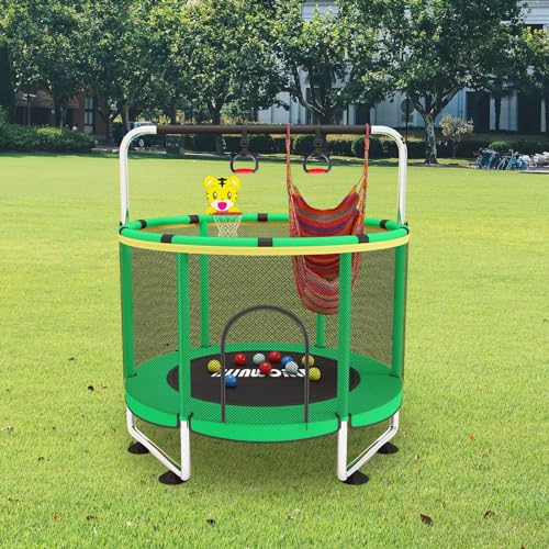 Trampoline for Kids, 55 Inch Adjustable Baby Toddler Trampoline with Basketball Hoop, 440lbs Indoor Outdoor Toddler with Enclosure (Blue) - color: Green