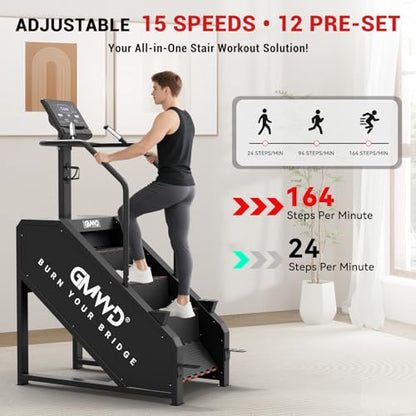GMWD Stair Stepper Machine, Commercial Grade Stair Climber with Bluetooth, Stair Machine for Cardio, 15 Resistance Levels, 24-164 Steps/Min, Exercise Machine with LED Display for Home - color: Black