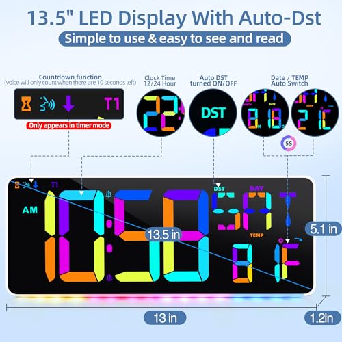 13.5"Large Digital Wall Clock Timer with Night Light 11 Colors Available - color: Yellow&rgb