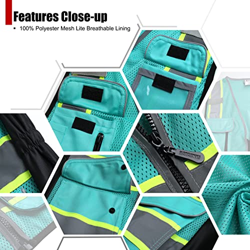 High Visibility Reflection Peacock Mesh Safety Vests with 8 Pockets and Front Zipper, hi vis safety vest for Women, Meets ANSI/ISEA Standards(Peacock-16,L) - color: Peacock, size: Large