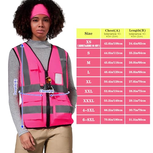 A-SAFETY High Vis Safety Vest for Women - Reflective Strips, Multi-Pockets, Zipper Closure - color: Pink, size: XXXXX-Large