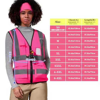 A-SAFETY High Vis Safety Vest for Women - Reflective Strips, Multi-Pockets, Zipper Closure - color: Pink, size: XXXXX-Large