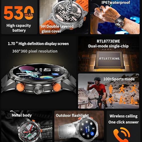 1.7" AMOLED Smart Watch for Men (Make/Answer Call), Mens Smartwatches with Flashlight, 710mAh Battery，Fitness Tracker Smartwatch for Android iPhones, Digital Watches Step Counter, 2 Straps (Black) - color: Black