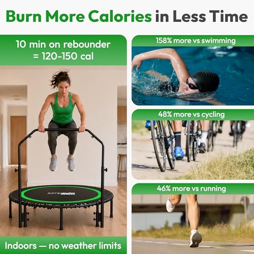 JUMPZYLLA Mini Rebounder Trampoline for Adults, Fitness Trampoline with Bar - color: Green, size: 48"