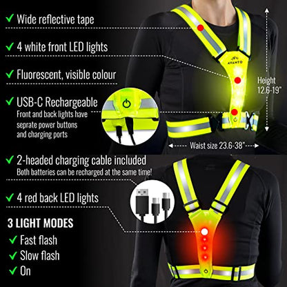 AVANTO LED Reflective Vest, Original, USB-C, High Visibility Safety Vest, Reflective Gear with Free Safety Courses, Running Lights for Runners, Dog Walking, Biking, Motorcycle, Driver - color: Yellow
