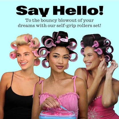Trademark Beauty Self-Grip Hair Rollers - Lasting Defined Curls, Extra Hold, All Hair Types, Bouncy Blow Out, Self-Grip Rollers - Pink, (Pack of 18) - size: Medium