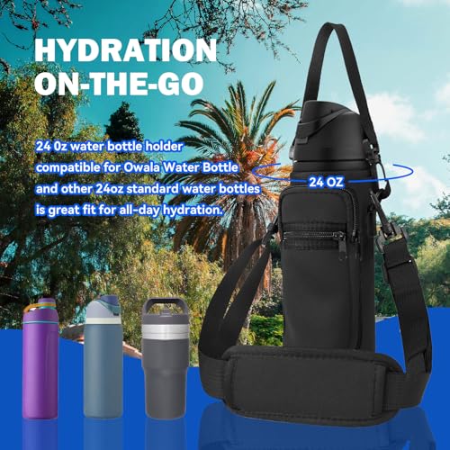 Neoprene Water Bottle Holder Bag with Cell Phone Pocket Compatible with Owala FreeSip 24 oz，Water Bottle Carrying Bag ，with Adjustable Shoulder Strap,for 24oz Stainless Steel Water Bottle - color: Red Polka Dot