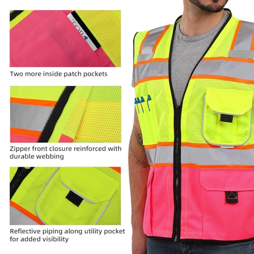 Dib Safety Reflective Safety Vest Made with 3M Tape, Yellow and Pink L - color: Yellow & Pink, size: Large