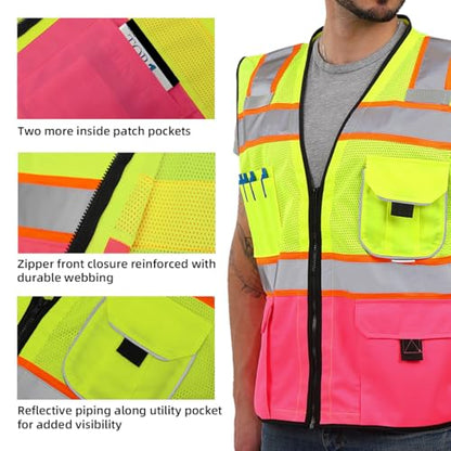Dib Safety Reflective Safety Vest Made with 3M Tape, Yellow and Pink L - color: Yellow & Pink, size: Large