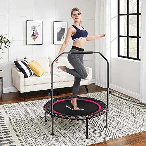 SONGMICS 40 Inches Mini Fitness Trampoline, Fitness Rebounder with Adjustable Handrail, Foldable Trampoline for At-Home Workout, Max. Load 264.6 lb - color: Pink + Black