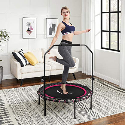 SONGMICS 40 Inches Mini Fitness Trampoline, Fitness Rebounder with Adjustable Handrail, Foldable Trampoline for At-Home Workout, Max. Load 264.6 lb - color: Pink + Black