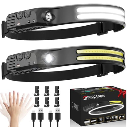 Beccason 2PCS Headlamp Flashlight, 230° Head Lamps LED Rechargeable Camping