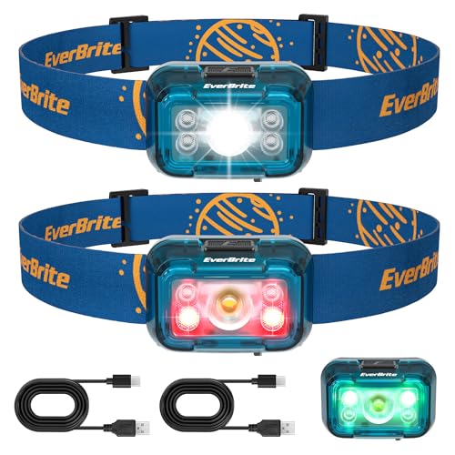 EverBrite Rechargeable Headlamp, 2 Pack Head Lamp for Kids & Adults - color: Mineral Blue