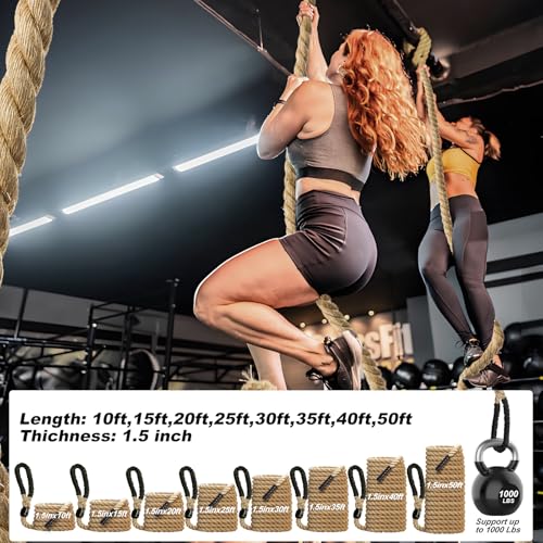Climbing Rope Gym Exercise Ropes - 1.5 Inch Diameter 10FT 15FT 20FT 25FT 30FT 35FT 40FT 50FT Climb Rope for Fitness & Strength Training, Workout Climbing Rope for Adults Home Indoor or Outdoor - style: 1.5 Inch-20ft