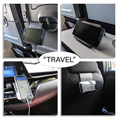 Flex Flap Cell Phone Holder & Flexible Tablet Stand for Airplane Travel, Desk, Bed, Treadmill - Essential Accessories & Cool Gadgets for Flying - color: Black PU Leather